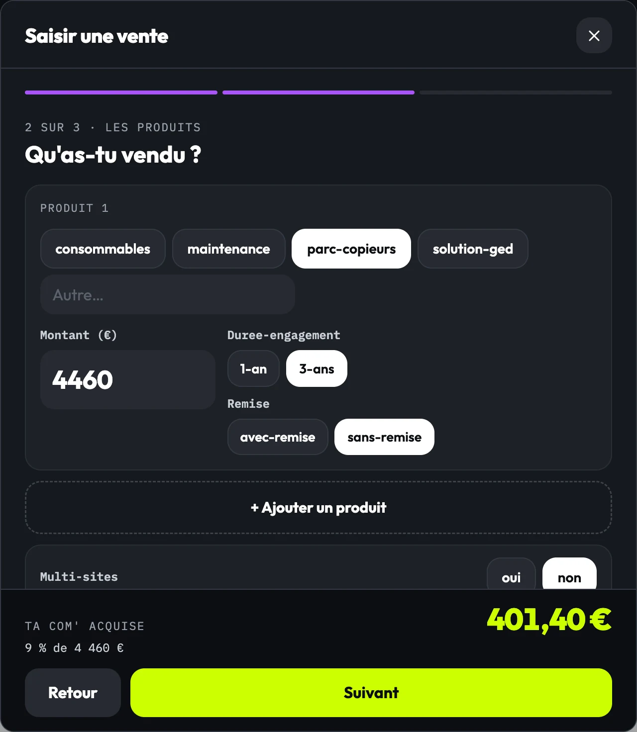 Une vente saisie, et sa com' calculée pendant que tu tapes.