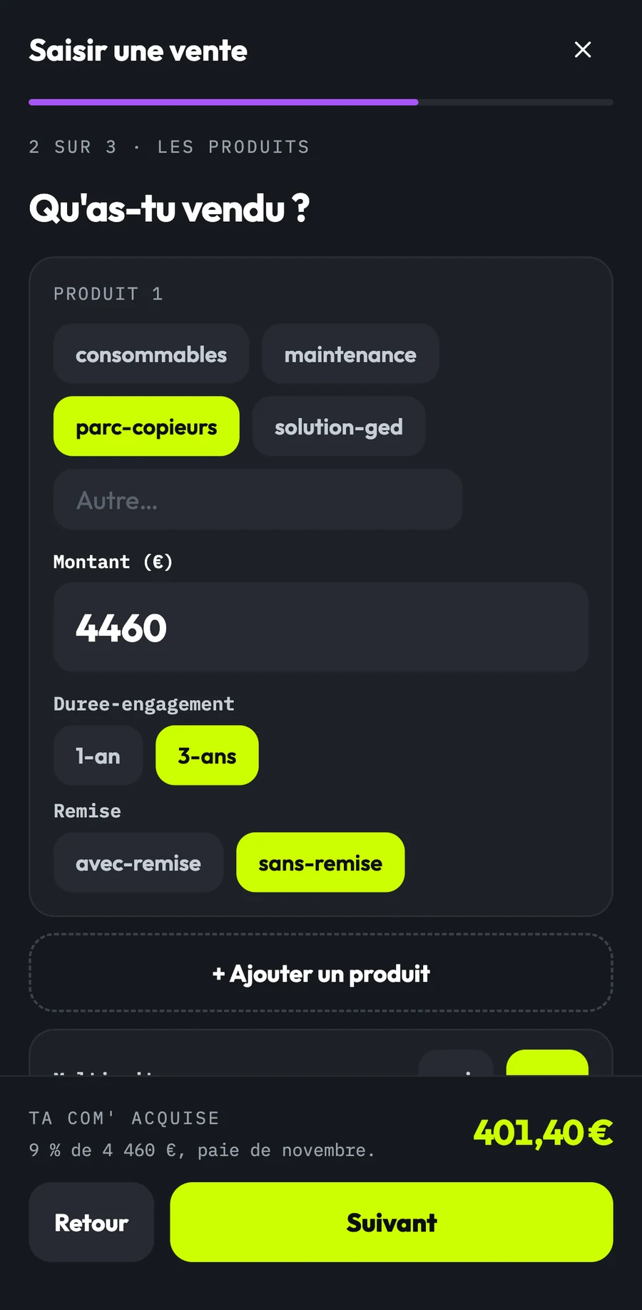 La saisie d’une vente sur un téléphone